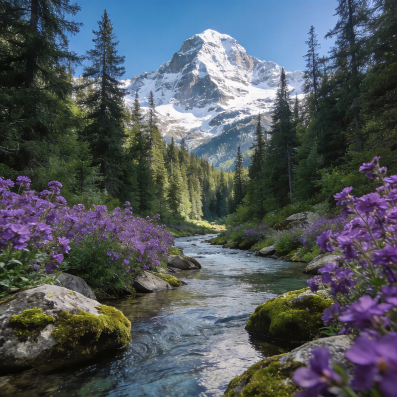 雪山溪流花海图片