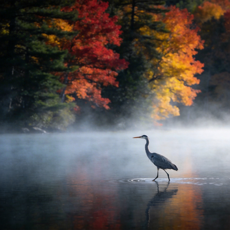 秋雾湖鹭图片