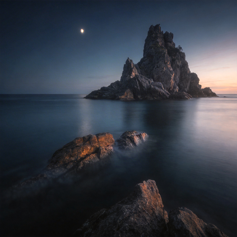 月下孤岩静海图片
