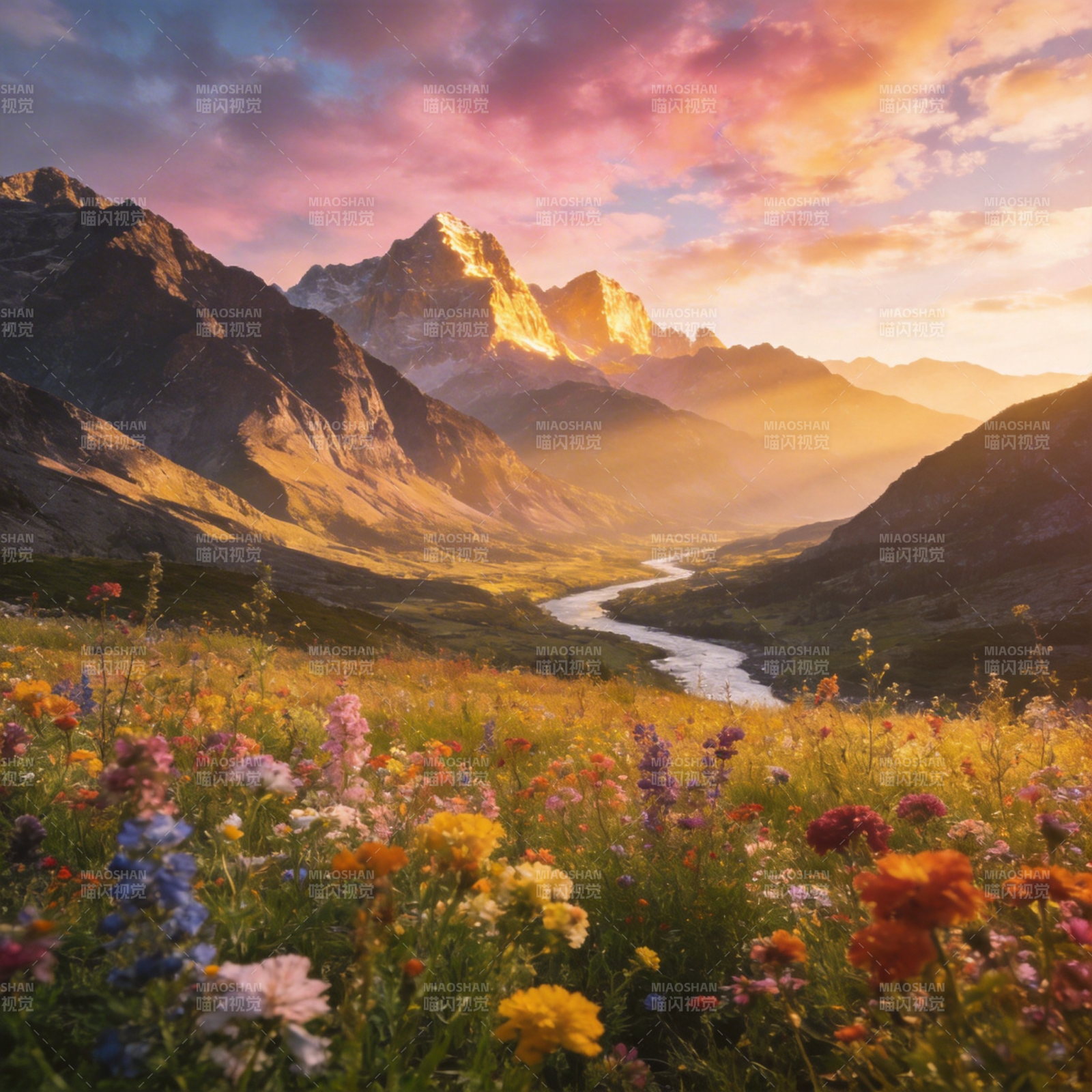 花海山河日出图片