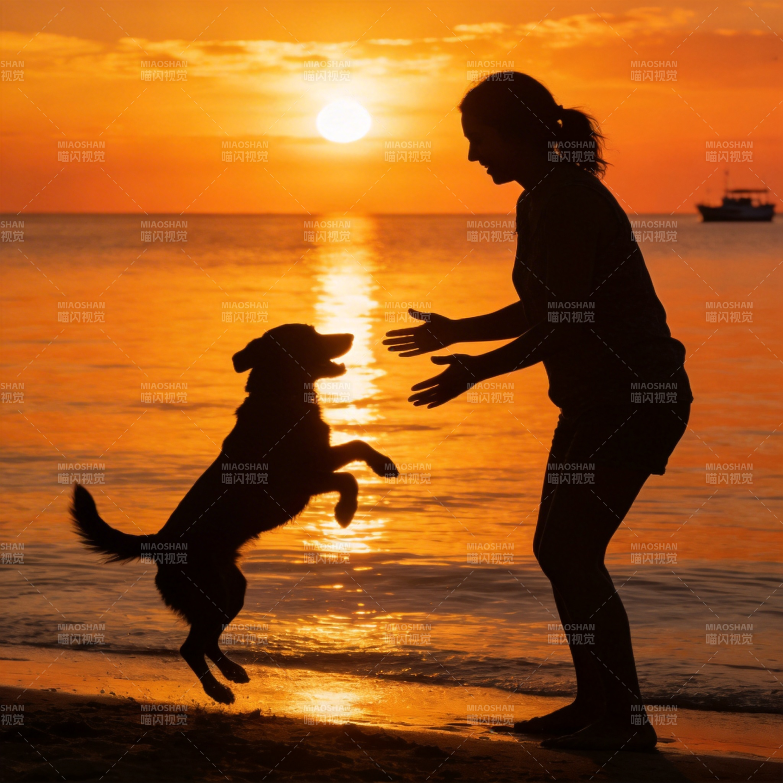 夕阳下人狗嬉戏图片