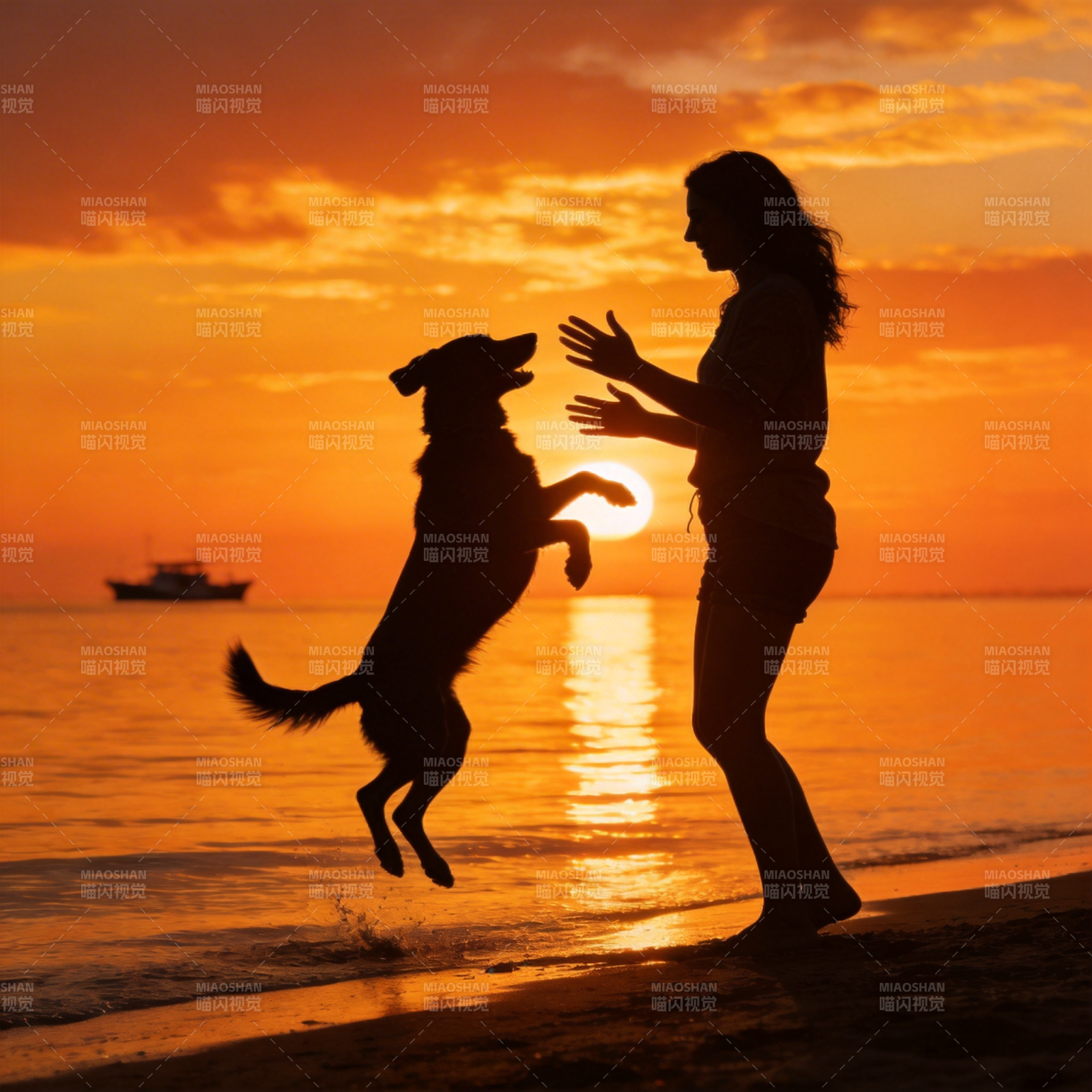 夕阳下人狗嬉戏图片