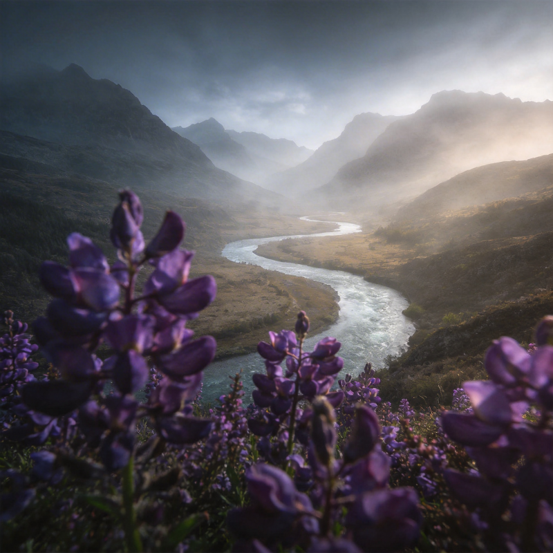 紫花山谷晨雾图片