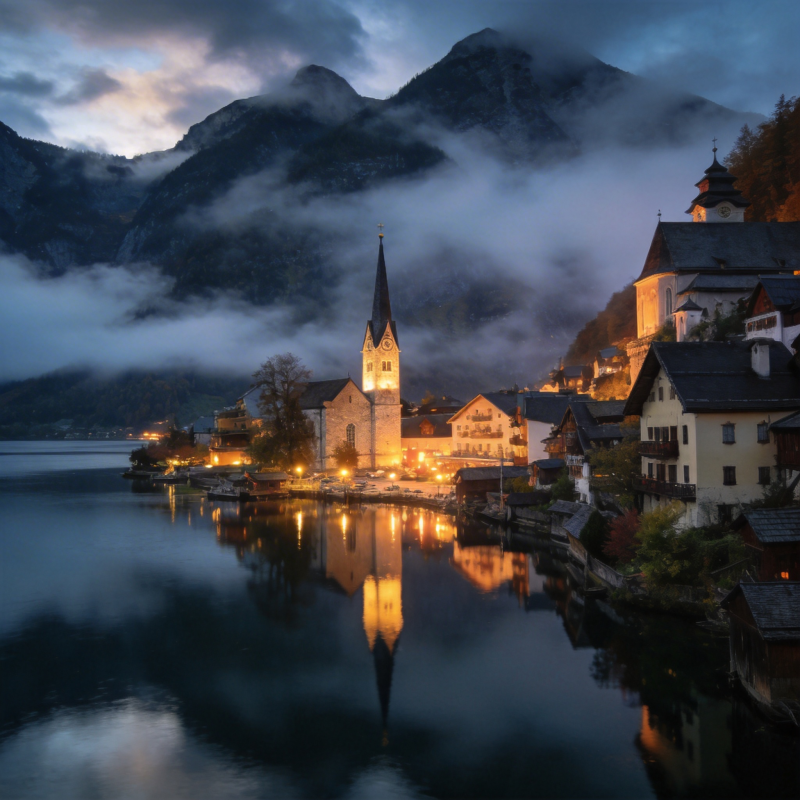 湖畔小镇夜景图片