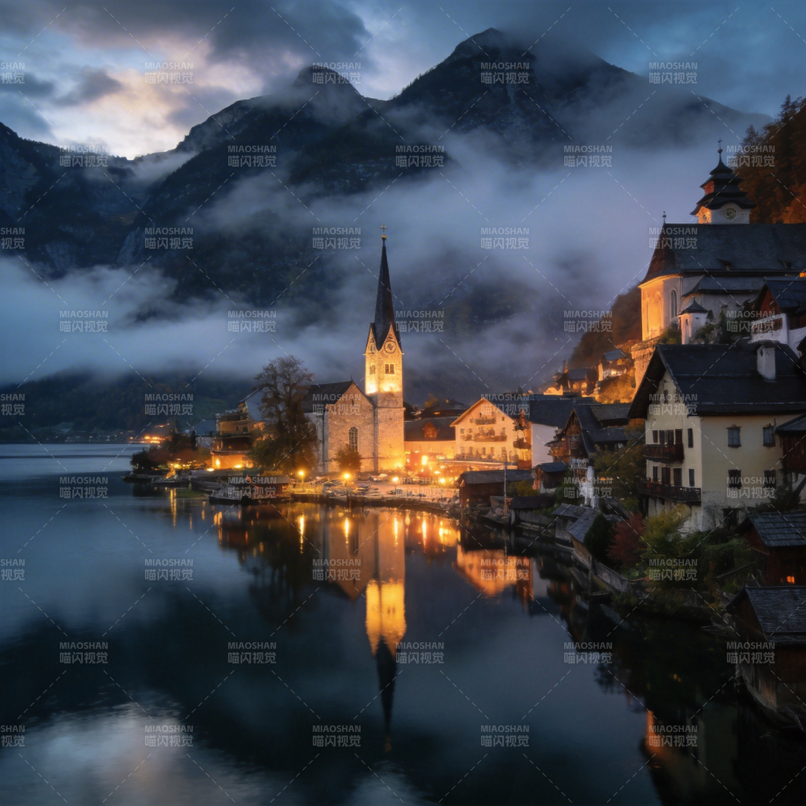 湖畔小镇夜景图片