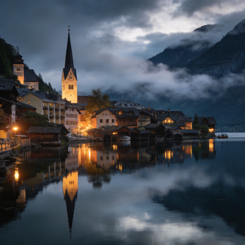 湖畔小镇夜景图片