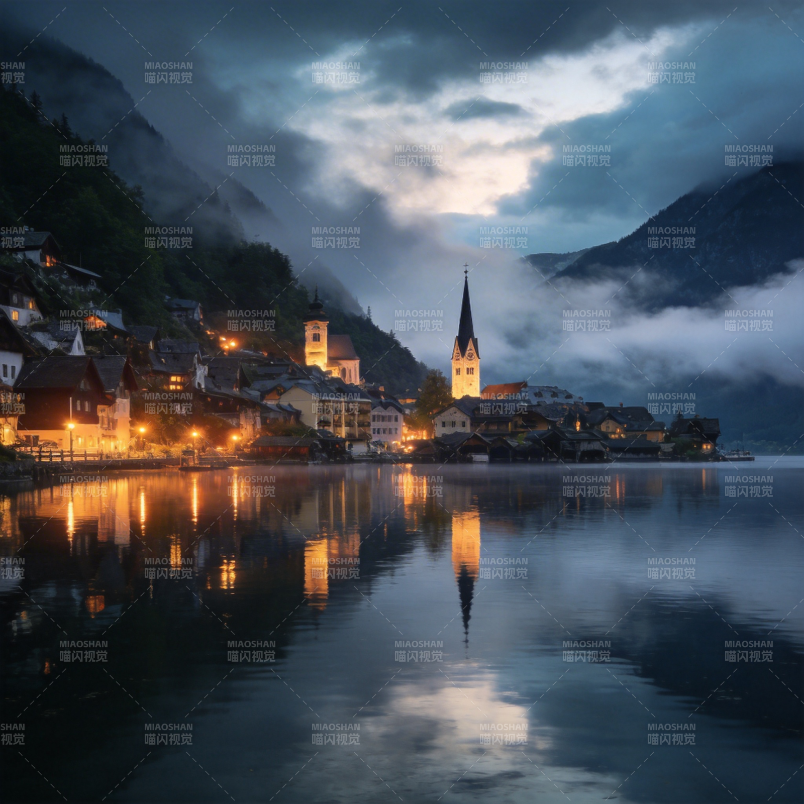 湖畔小镇夜景图片