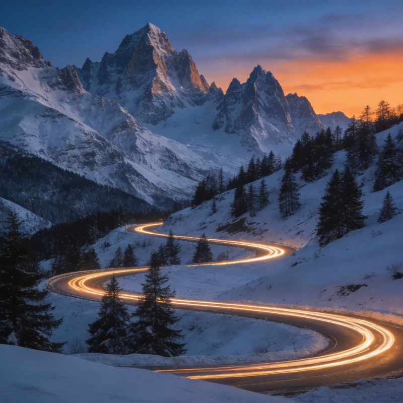雪岭夜路光影图片