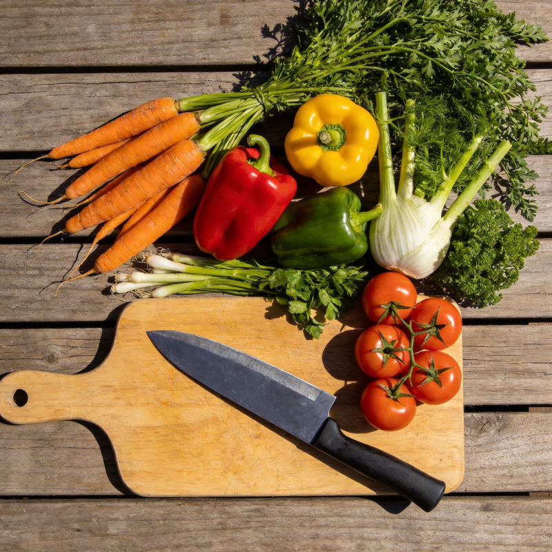 新鲜蔬菜与刀具图片