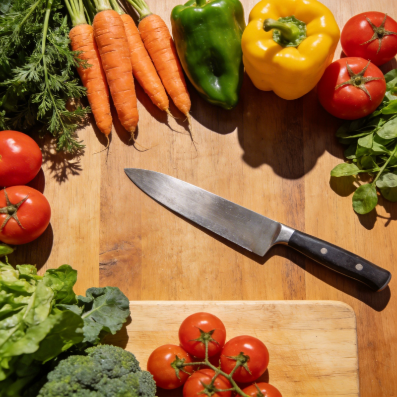 新鲜蔬菜与刀具图片