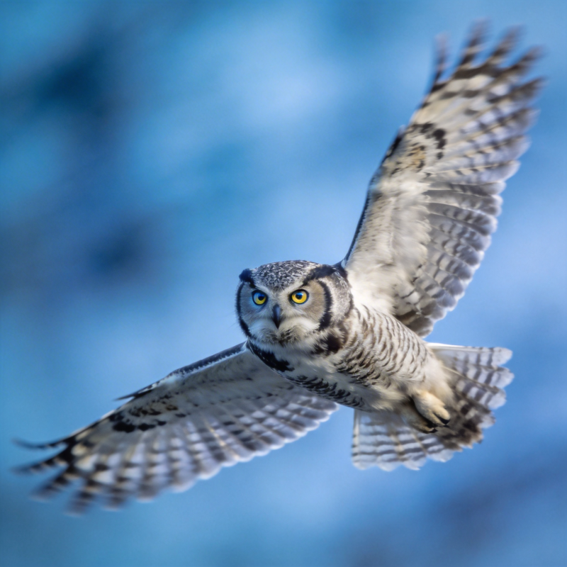 雪鸮翱翔于蓝天图片