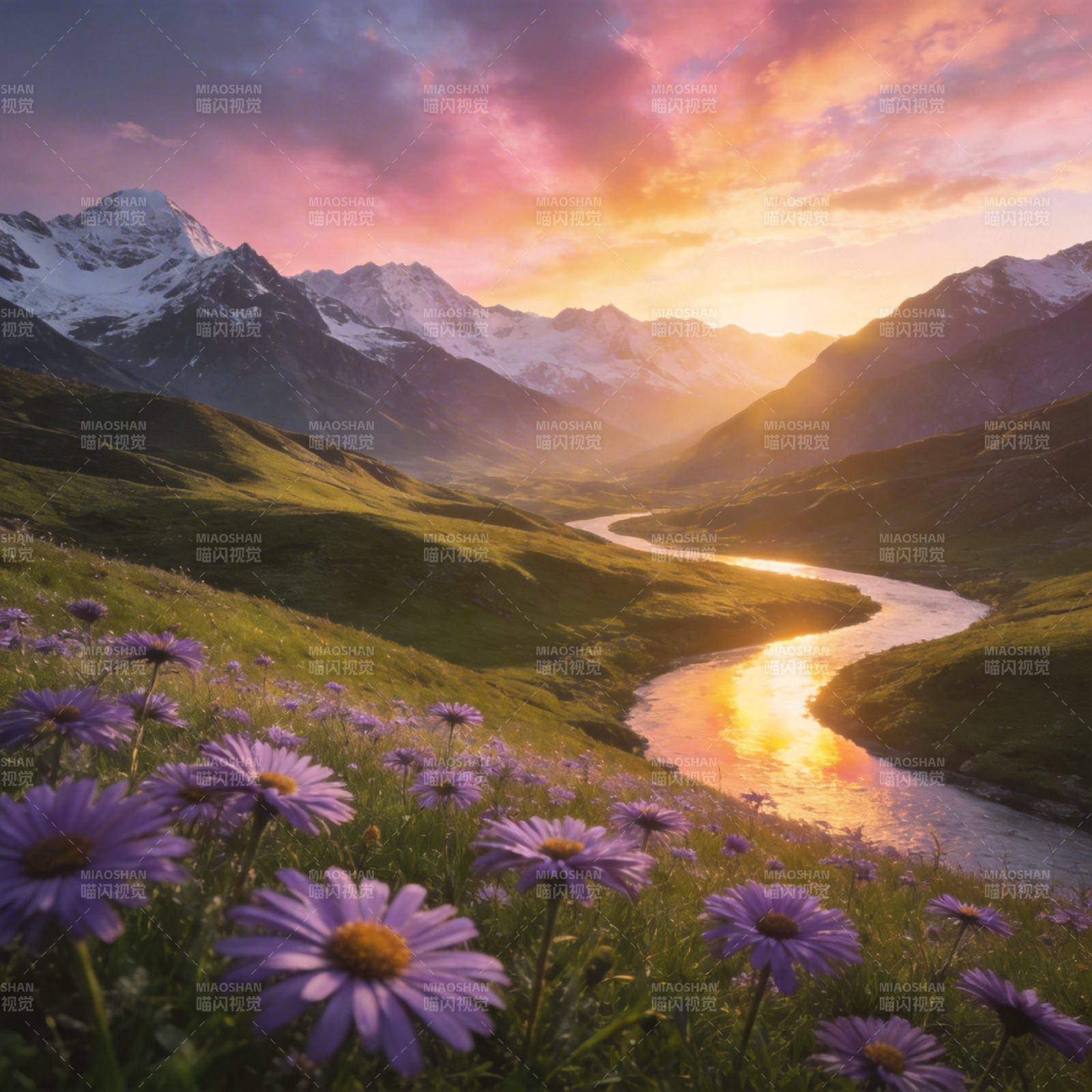 山河暮色花影图片