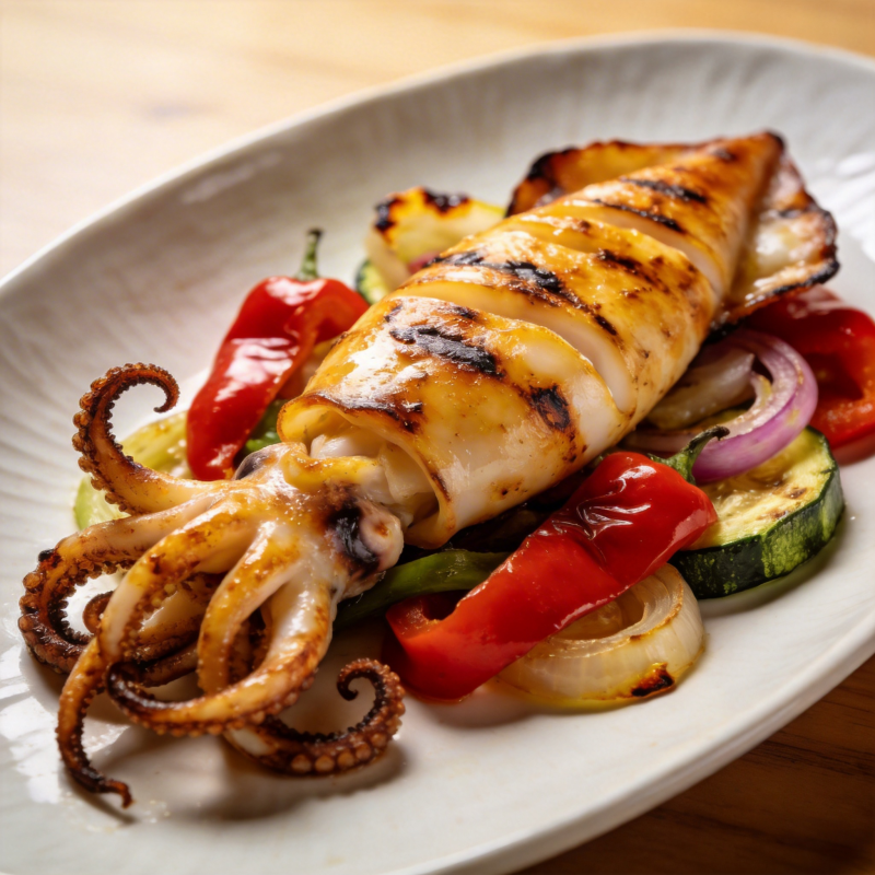 烤鱿鱼配彩蔬图片