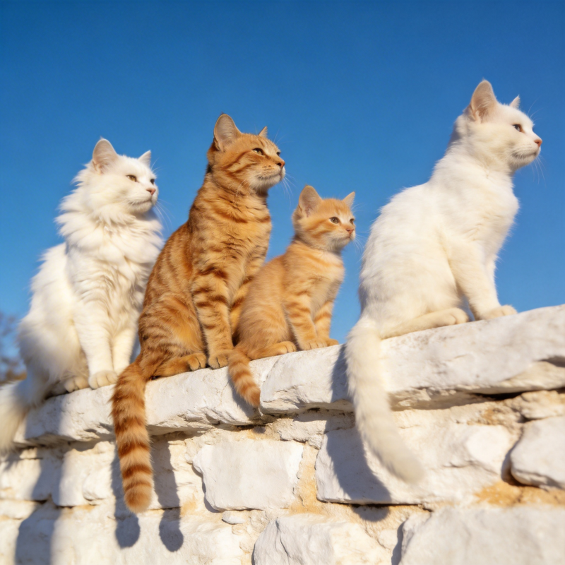 四猫墙头望远方图片