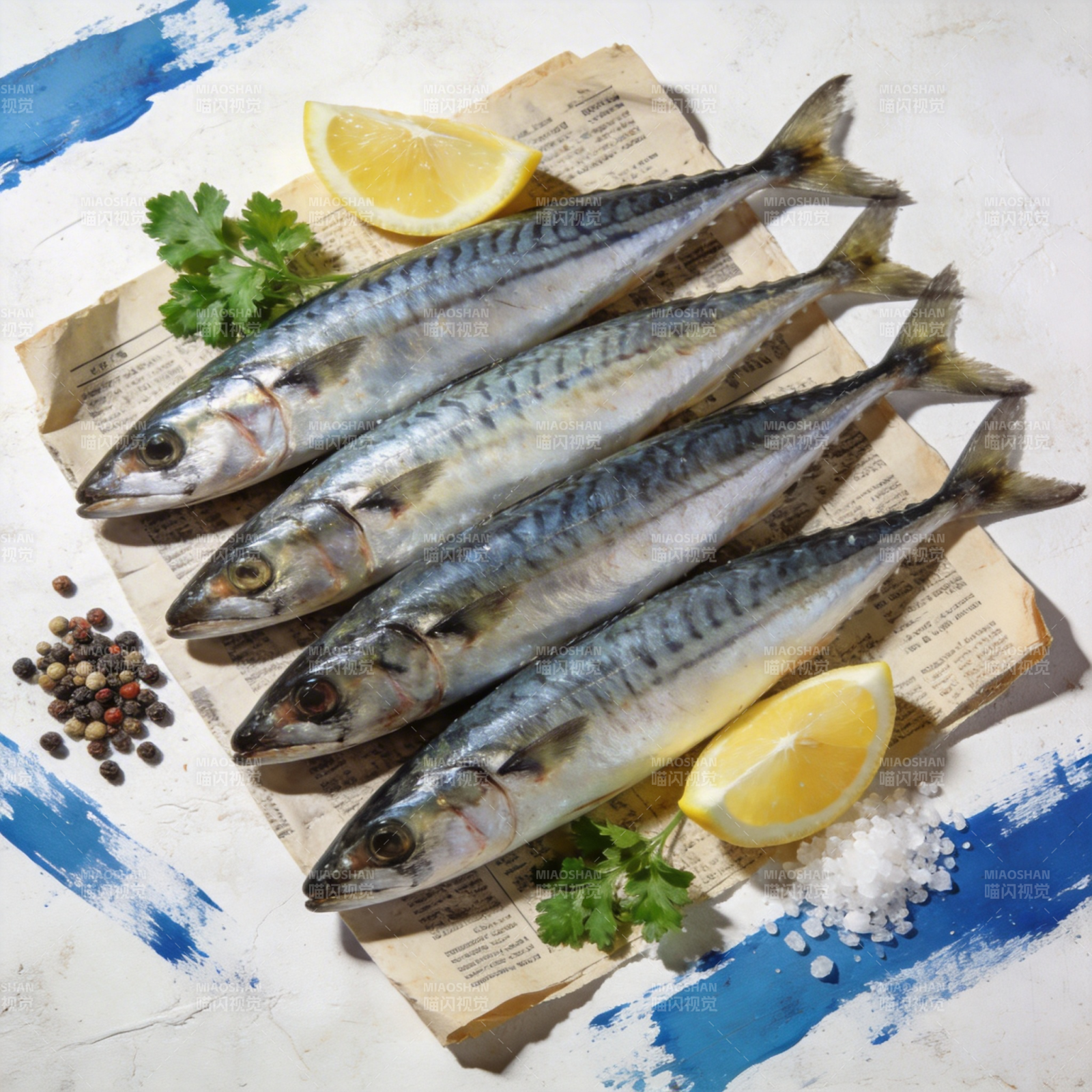新鲜秋刀鱼配柠檬图片