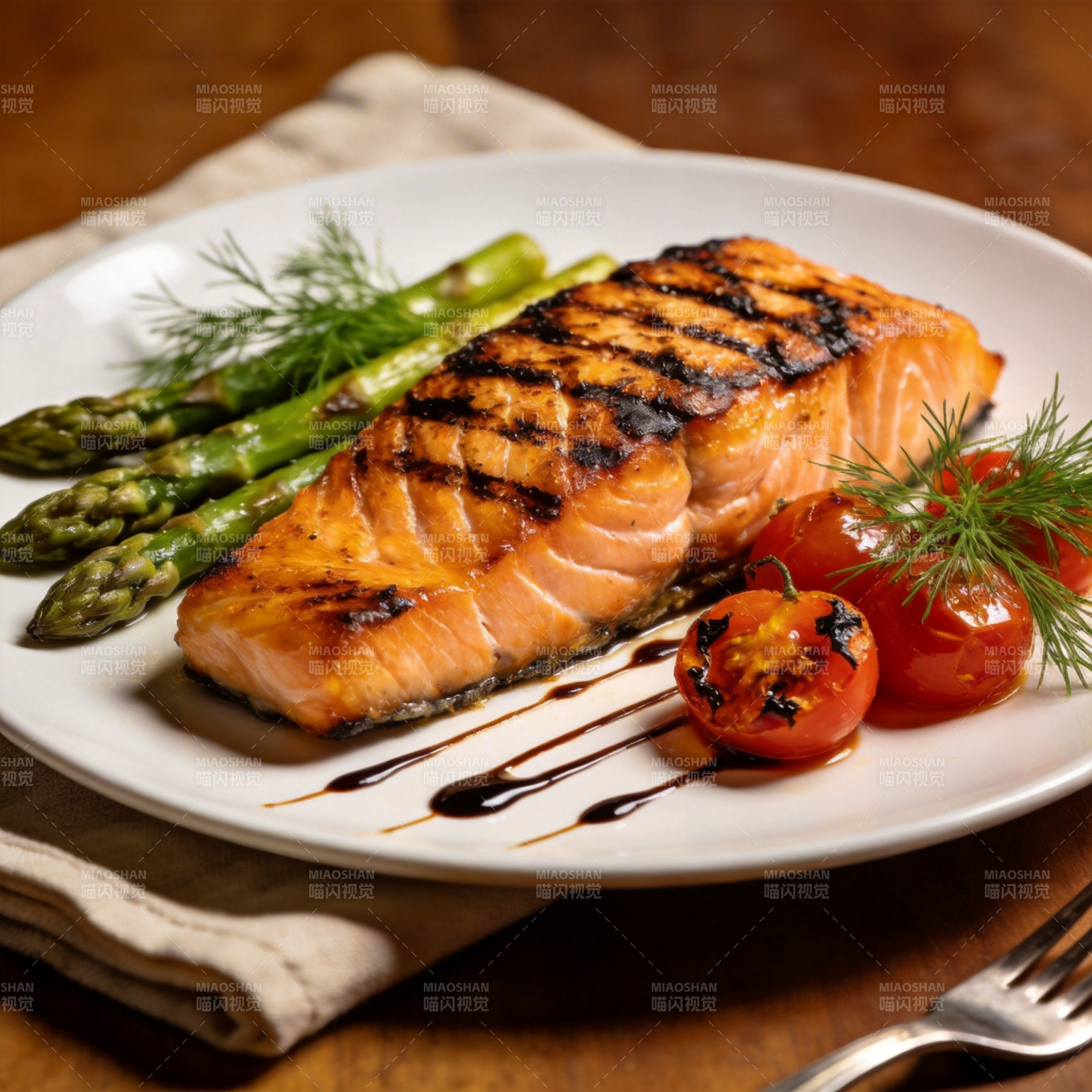 烤三文鱼配芦笋图片