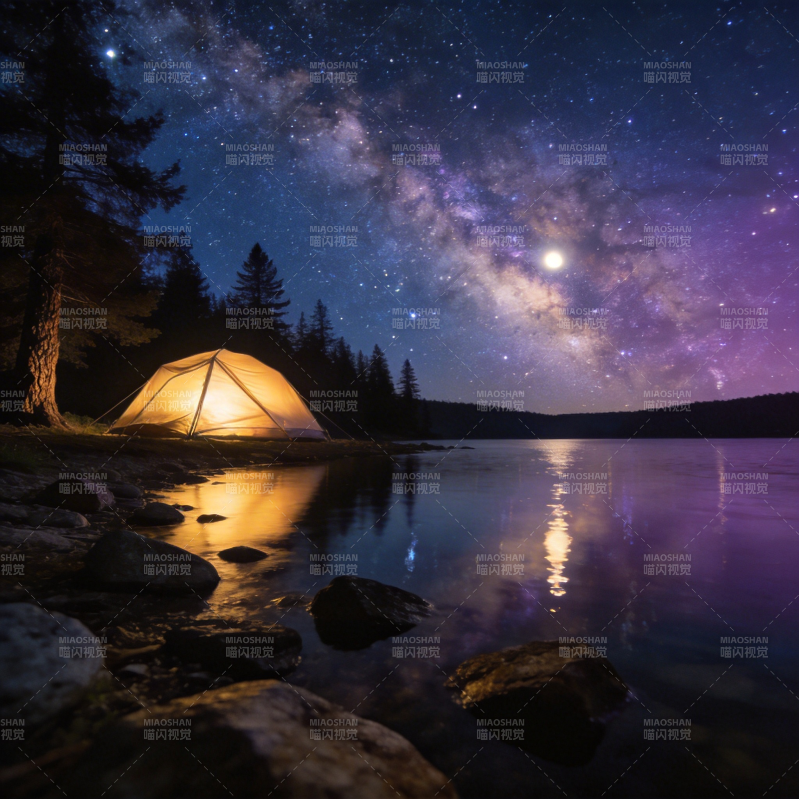 星空下的湖畔露营图片