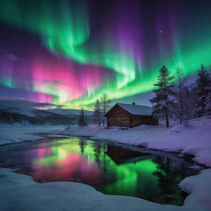 极光映雪屋图片