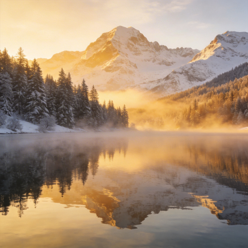 雪峰晨雾映湖光图片