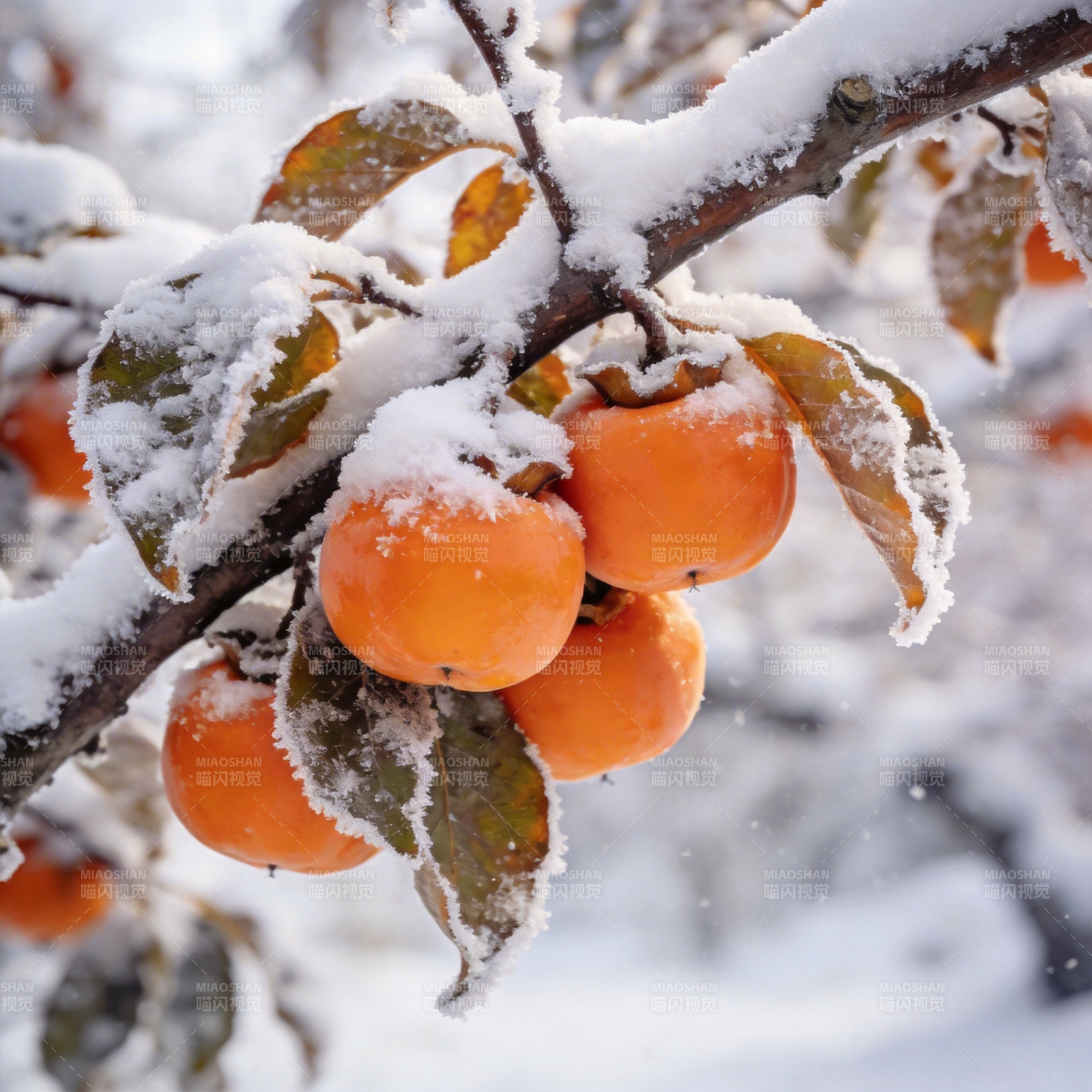 雪中柿子红图片