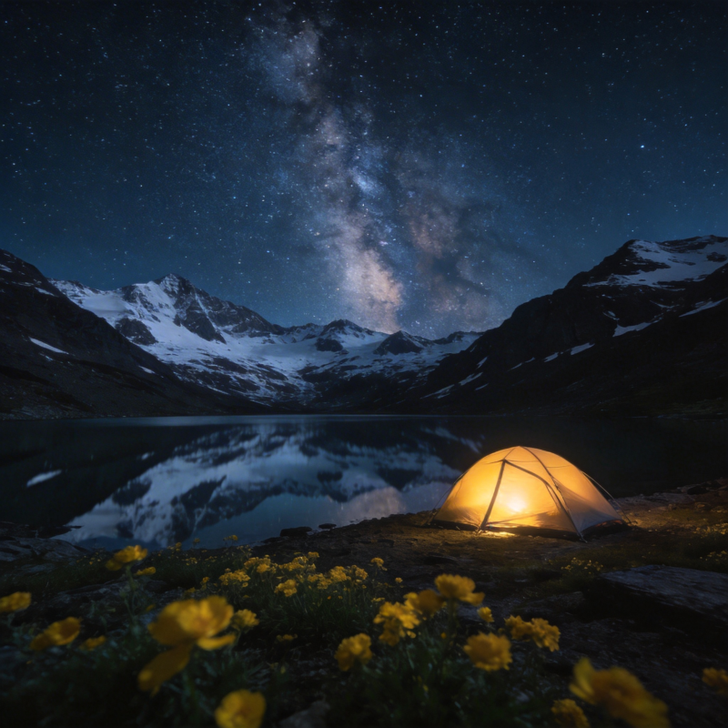 星空下的湖畔露营图片