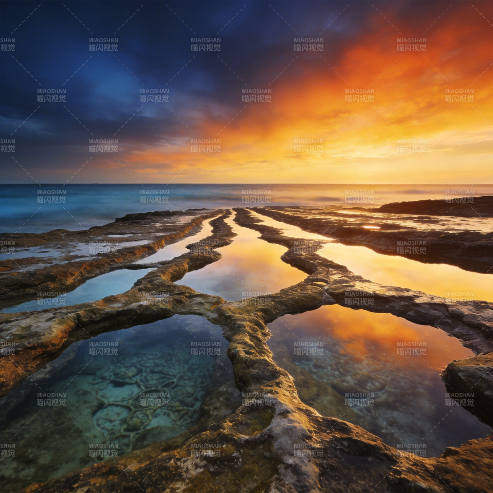 夕阳海蚀岩图片