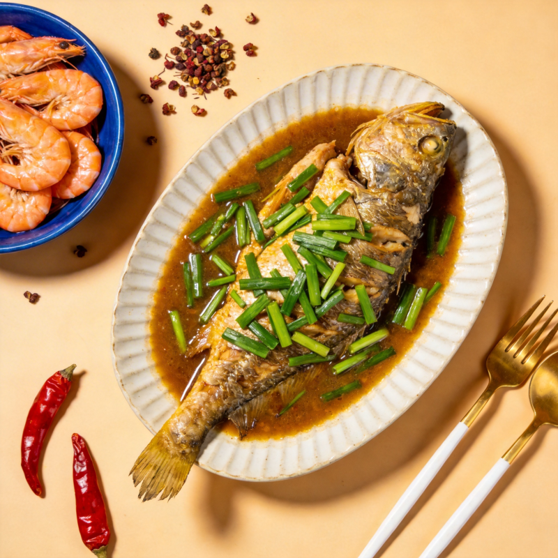 红烧鱼配葱段图片