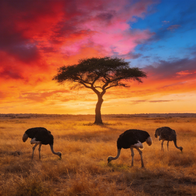 草原日落鸵鸟群图片