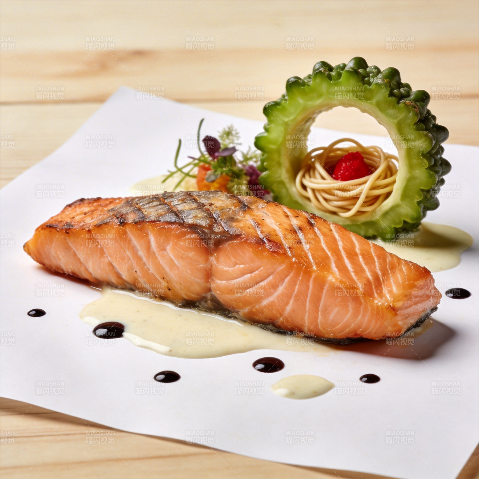香煎三文鱼配意面图片