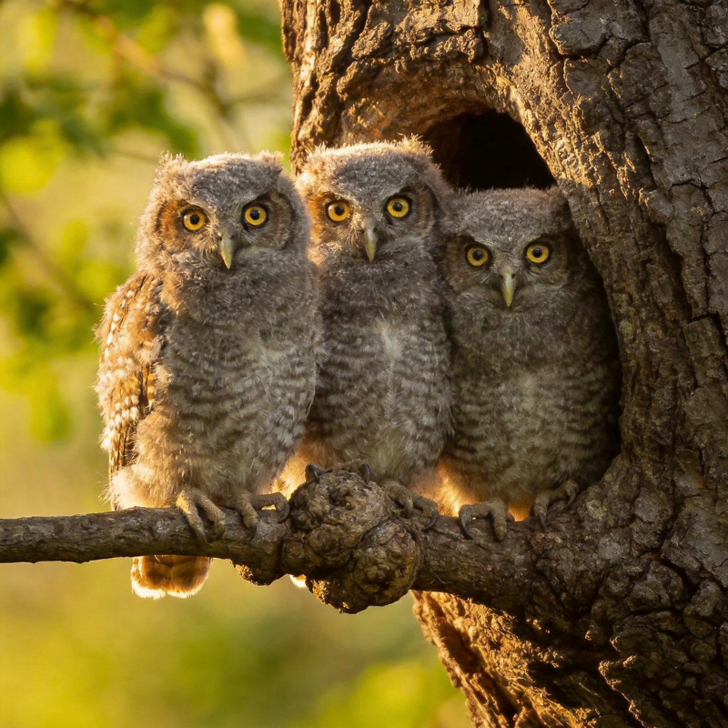 三只小猫头鹰栖息树洞图片