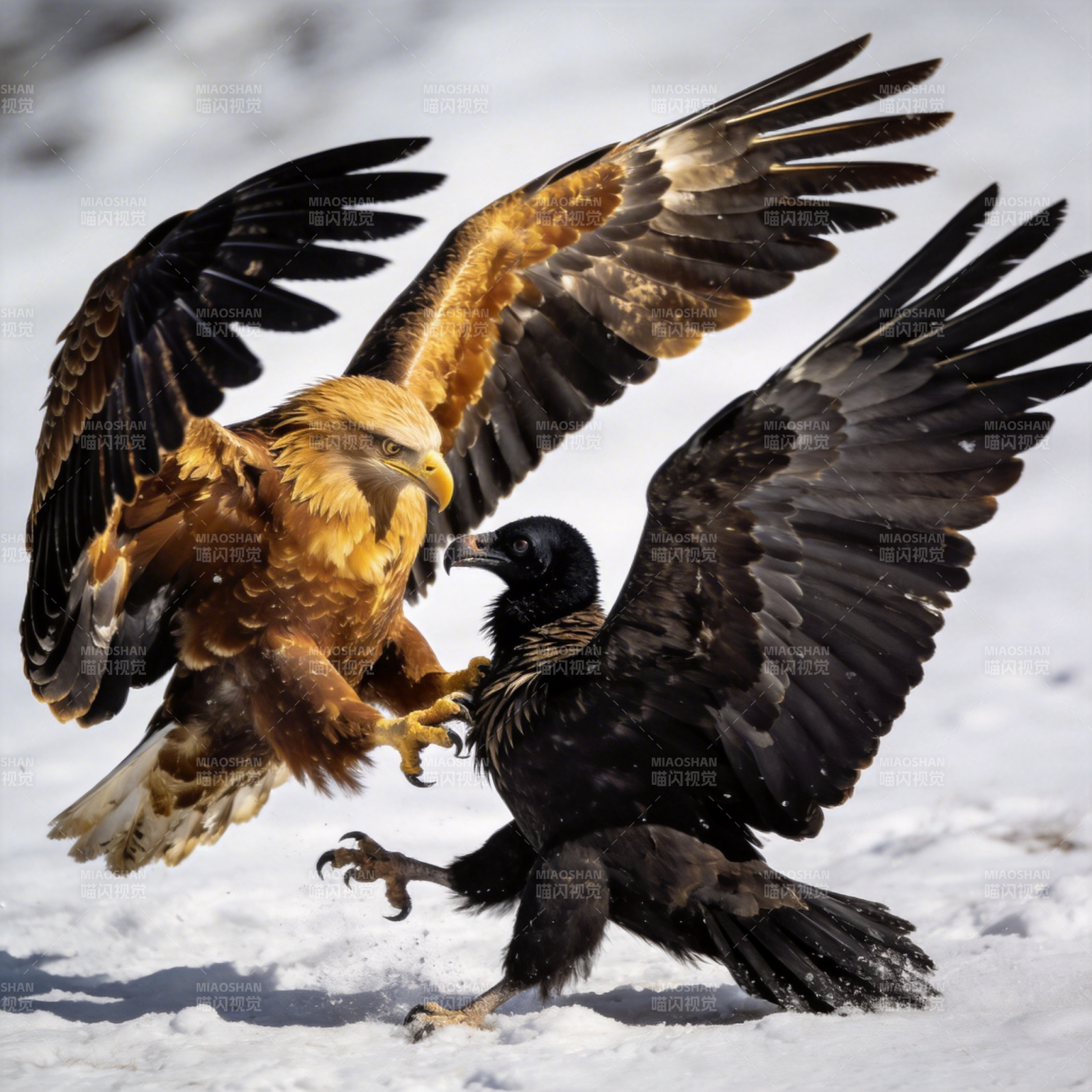 鹰鹫雪地搏斗图片