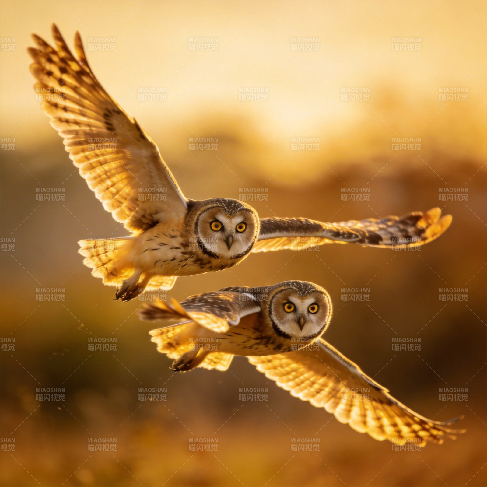 双鸮共舞 金光掠影图片