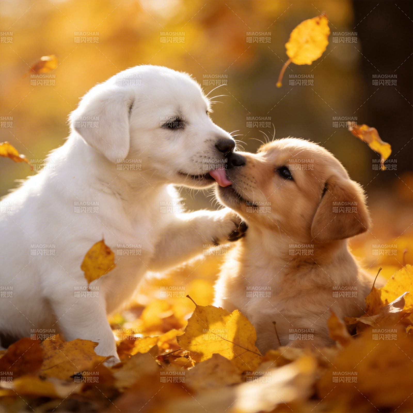 秋叶中的萌犬亲吻图片