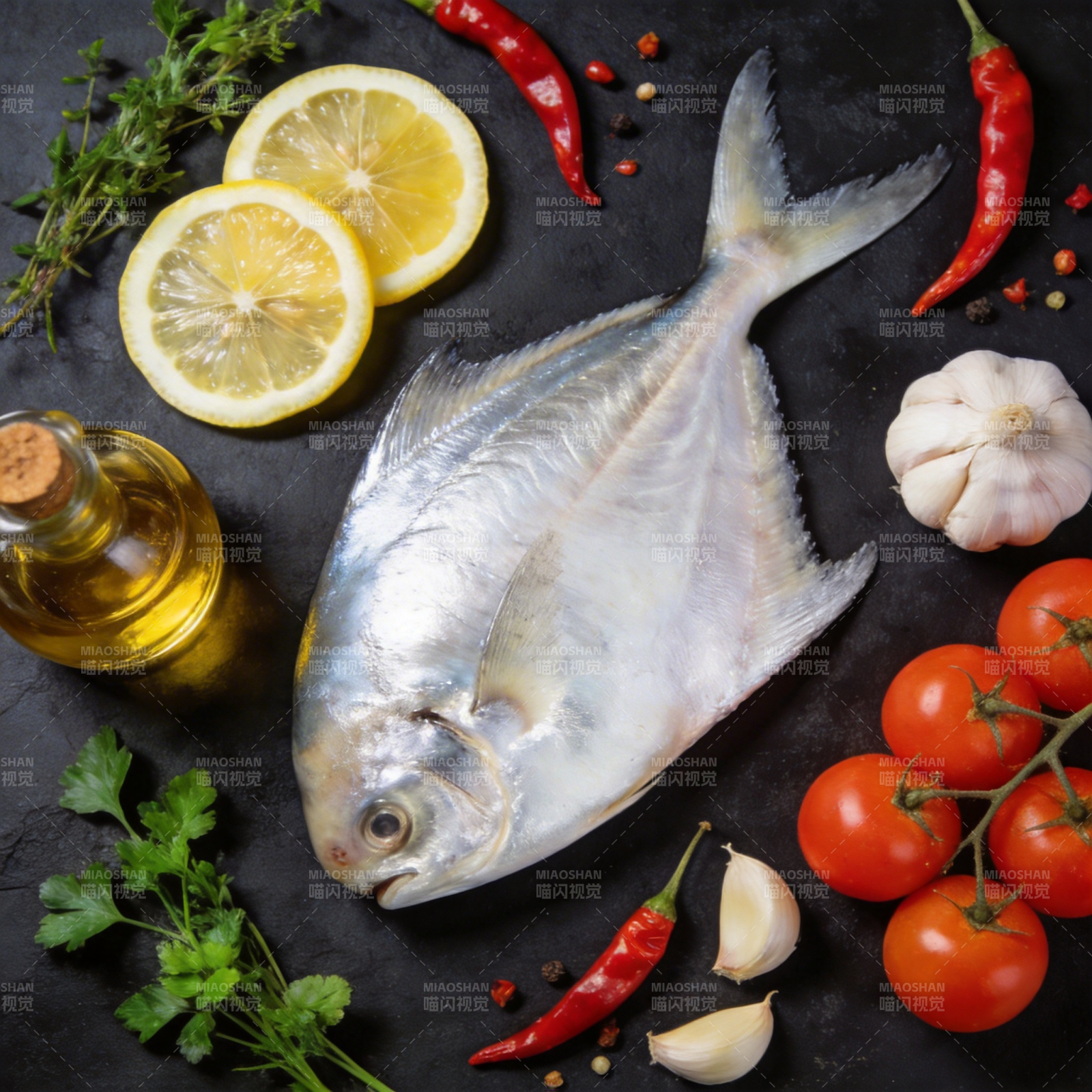 新鲜鱼配柠檬香料图片