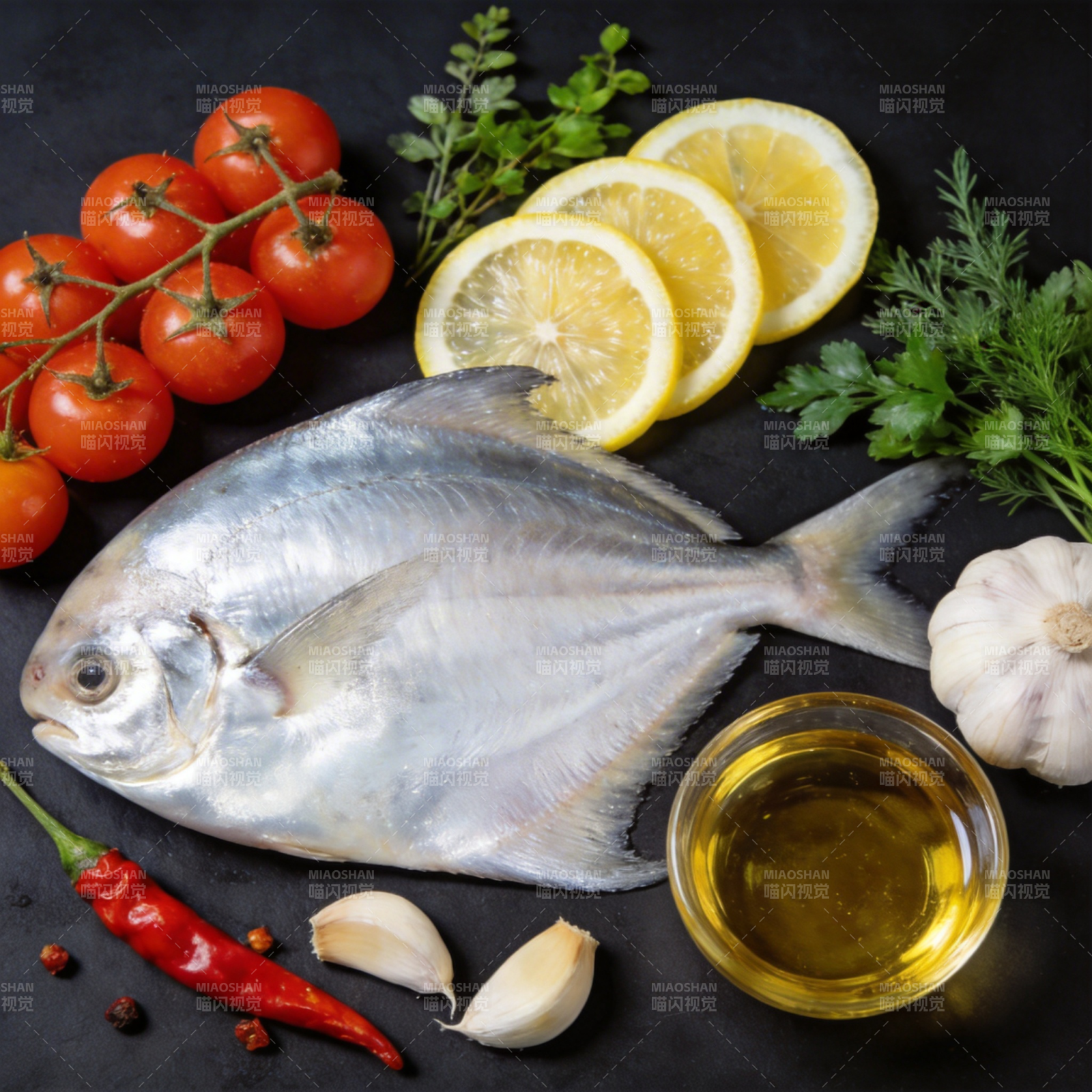 鲜鱼配柠檬香草图片