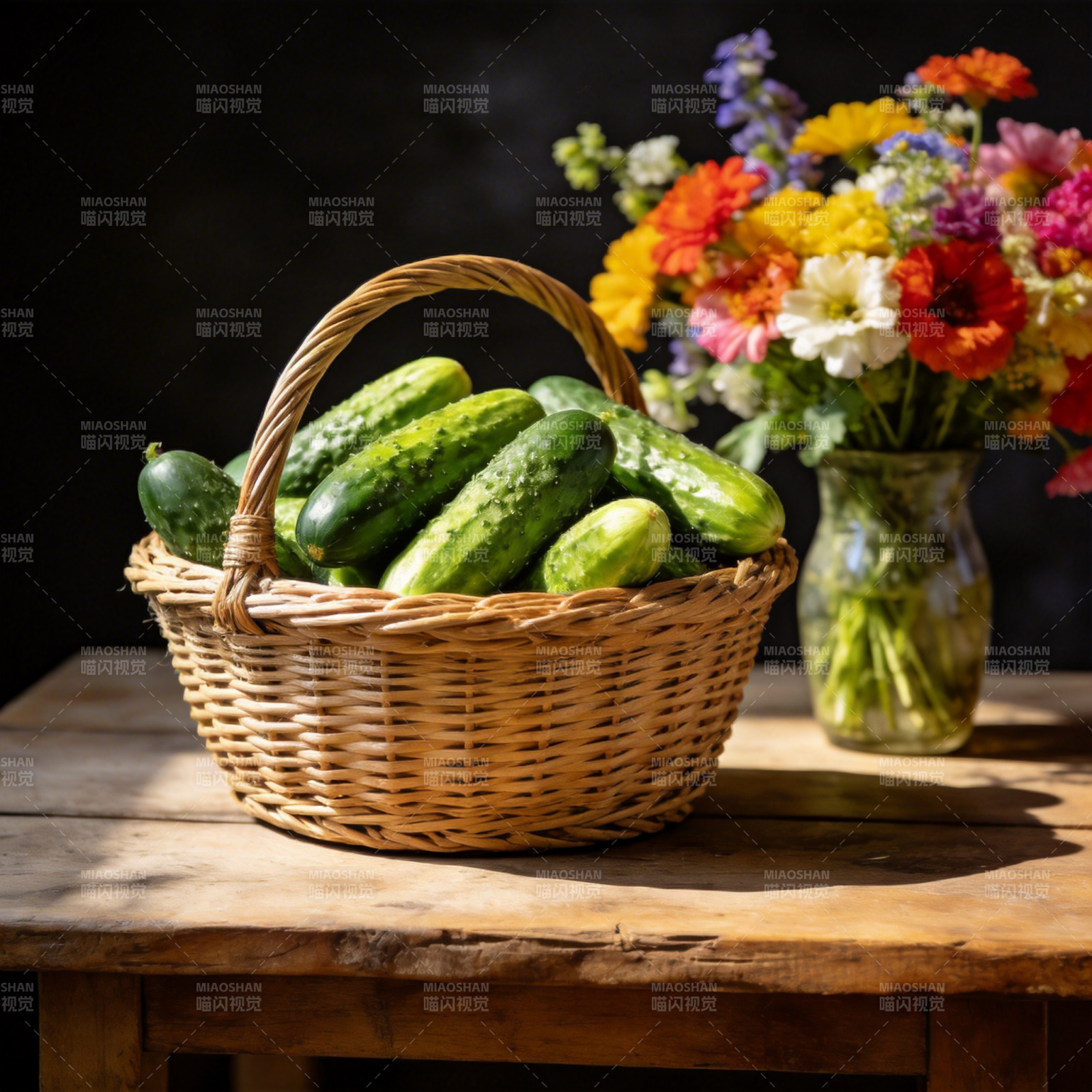黄瓜与花束静物图片