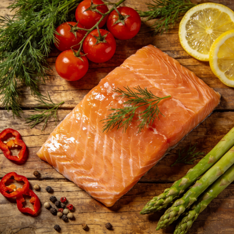 新鲜三文鱼配蔬果图片