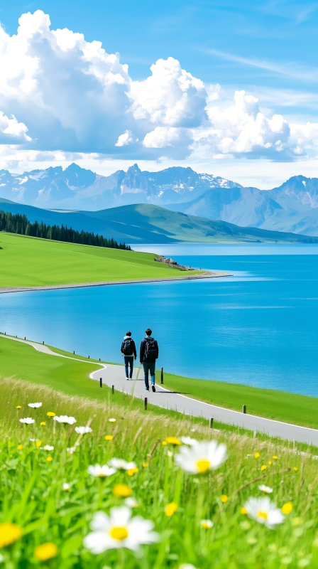 湖畔远足 山花烂漫图片