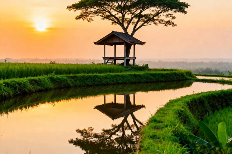 夕阳下的田园凉亭图片