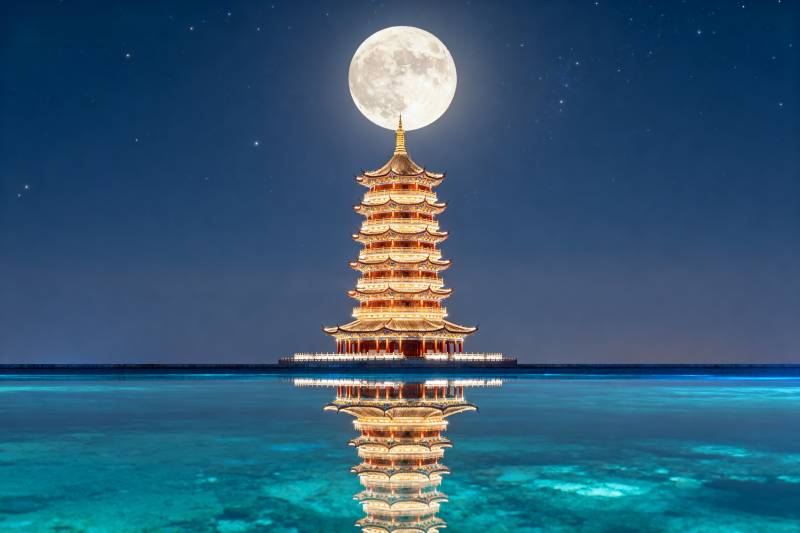 月照塔影水天间图片