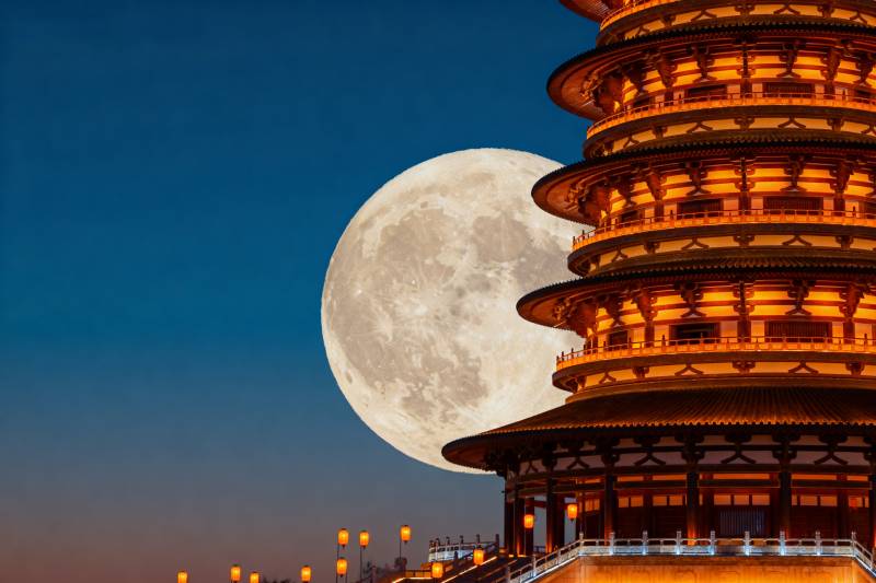 月照古塔夜景图片