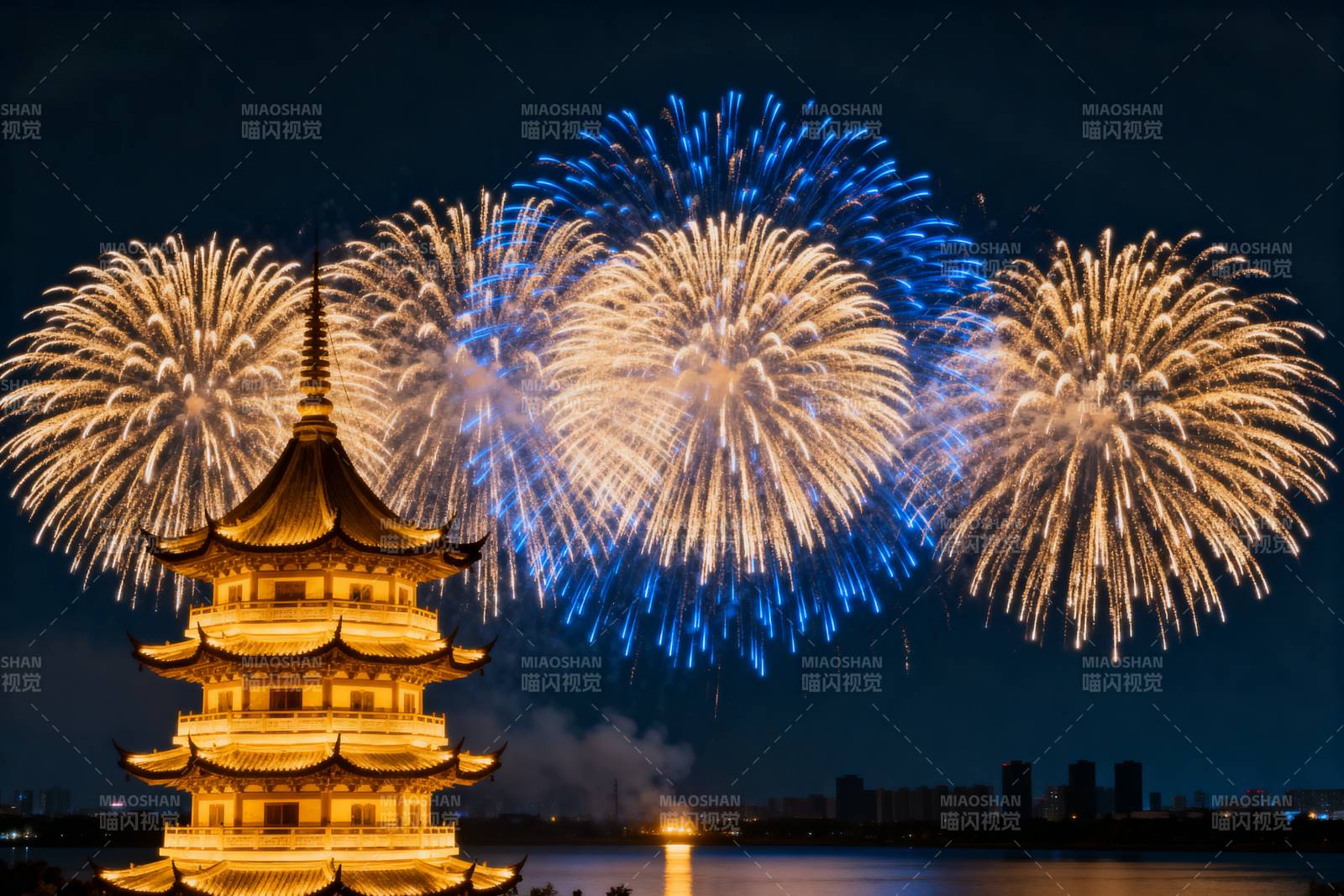 烟花映古塔图片