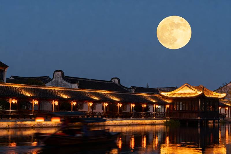 月照古建筑水乡夜景图片