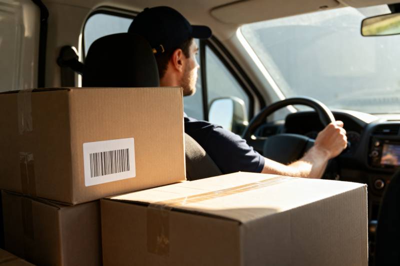 快递员驾驶送包裹图片