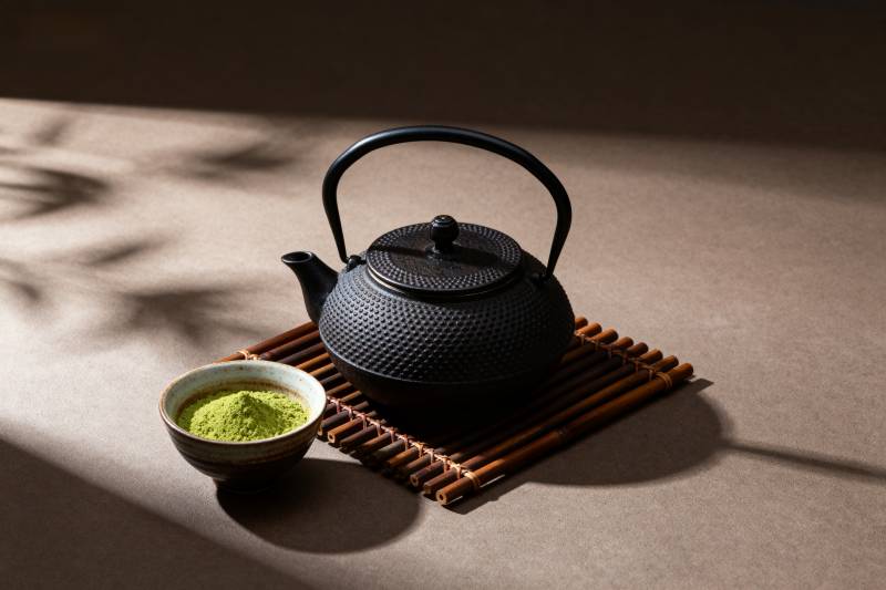 抹茶与铁壶静置图片