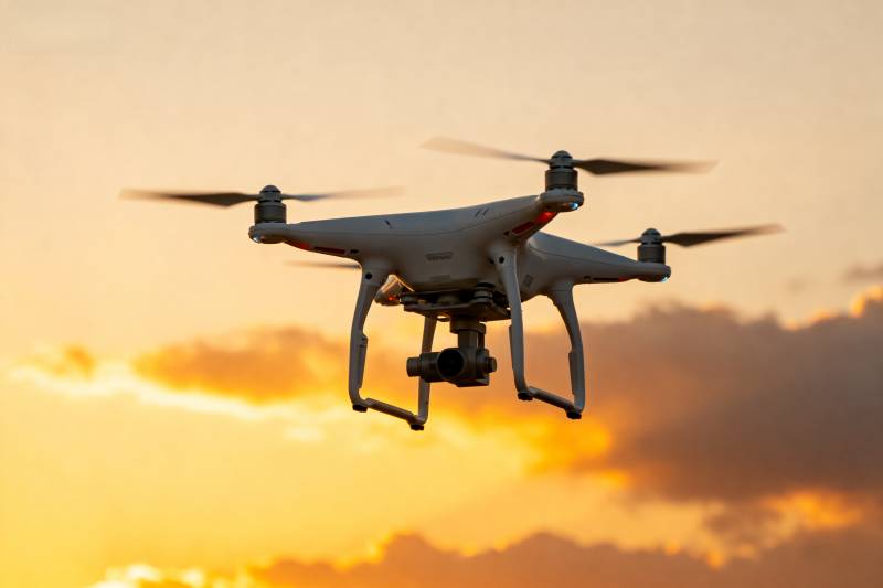 无人机翱翔夕阳中图片