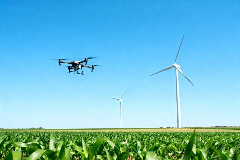 无人机巡田风车旁图片