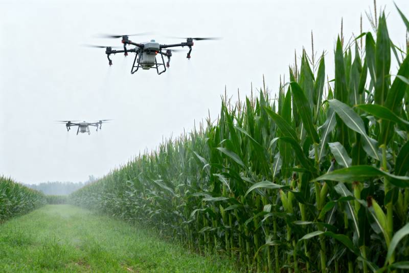 无人机喷洒玉米田图片