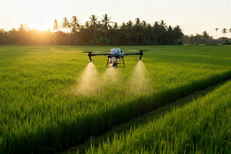 无人机喷洒稻田图片