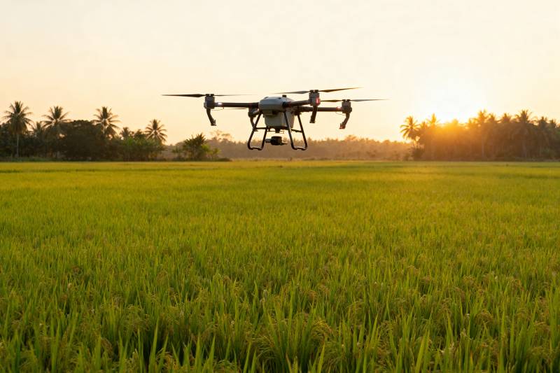 无人机飞越稻田图片